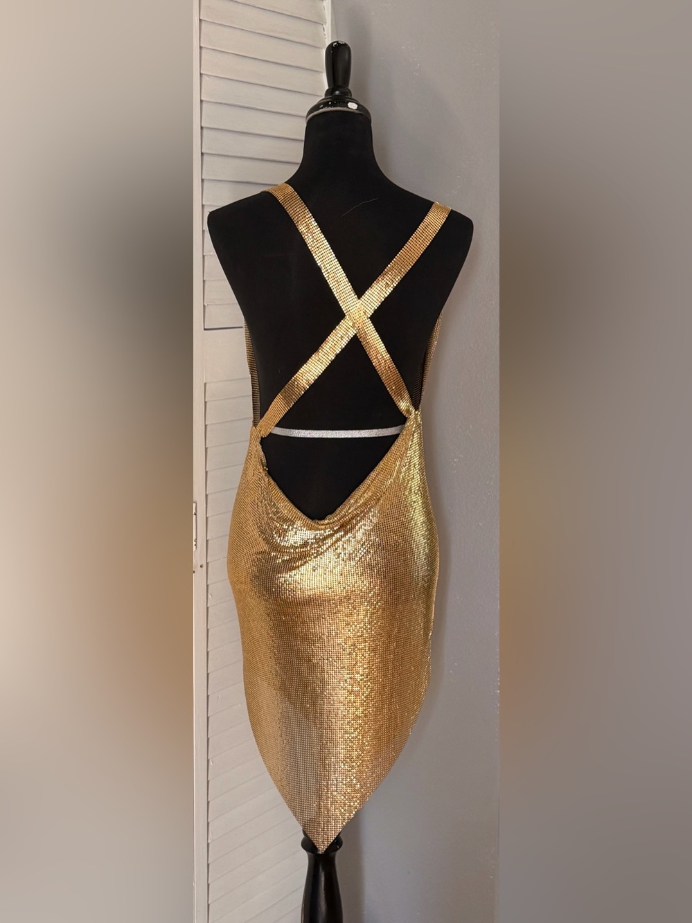 Gold Metal Mesh Cowl Neck Women's Dress - Picture 3 of 3